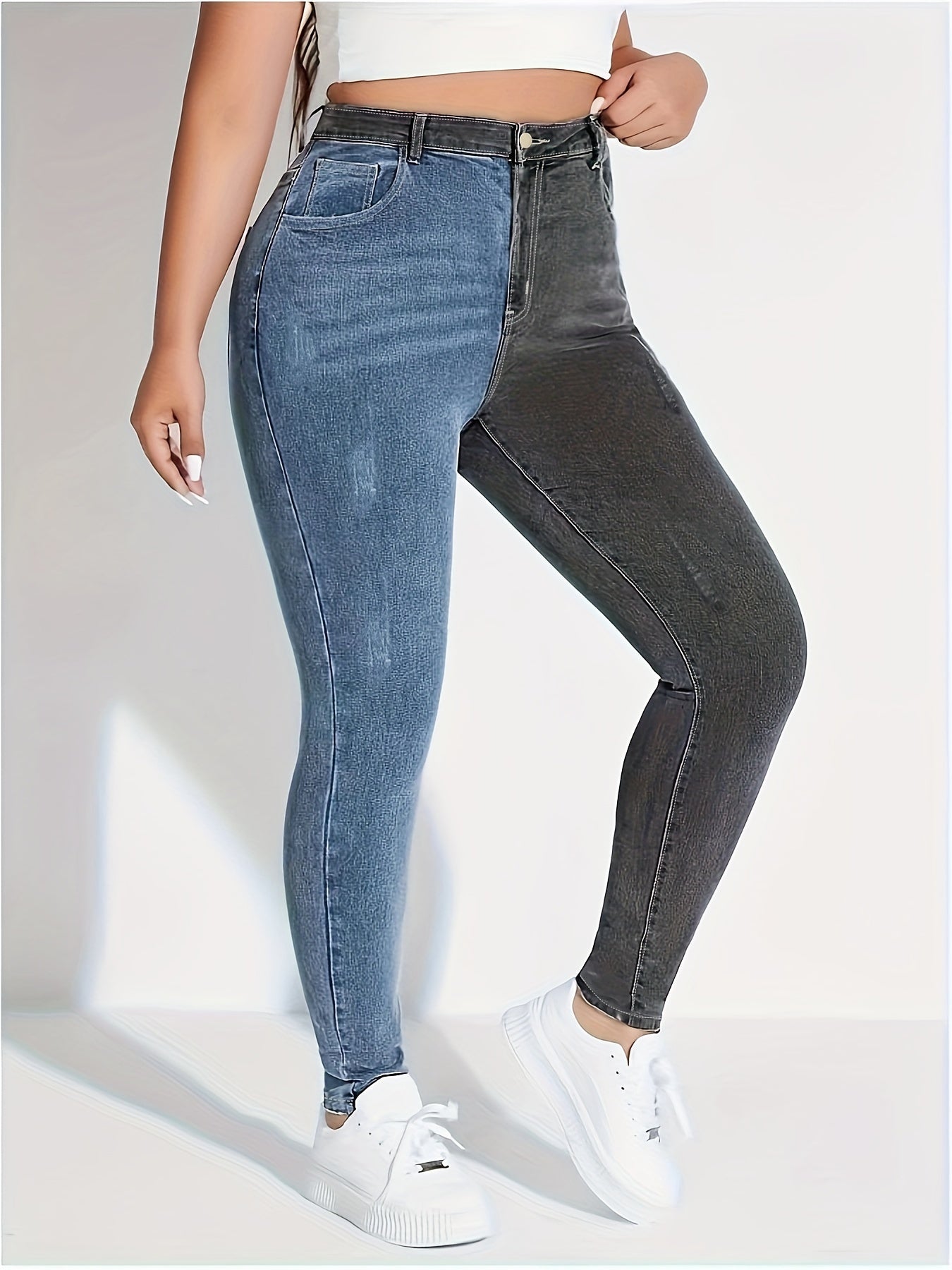 Women's Plus Colorblock Ripped High Rise Stretch Jeans