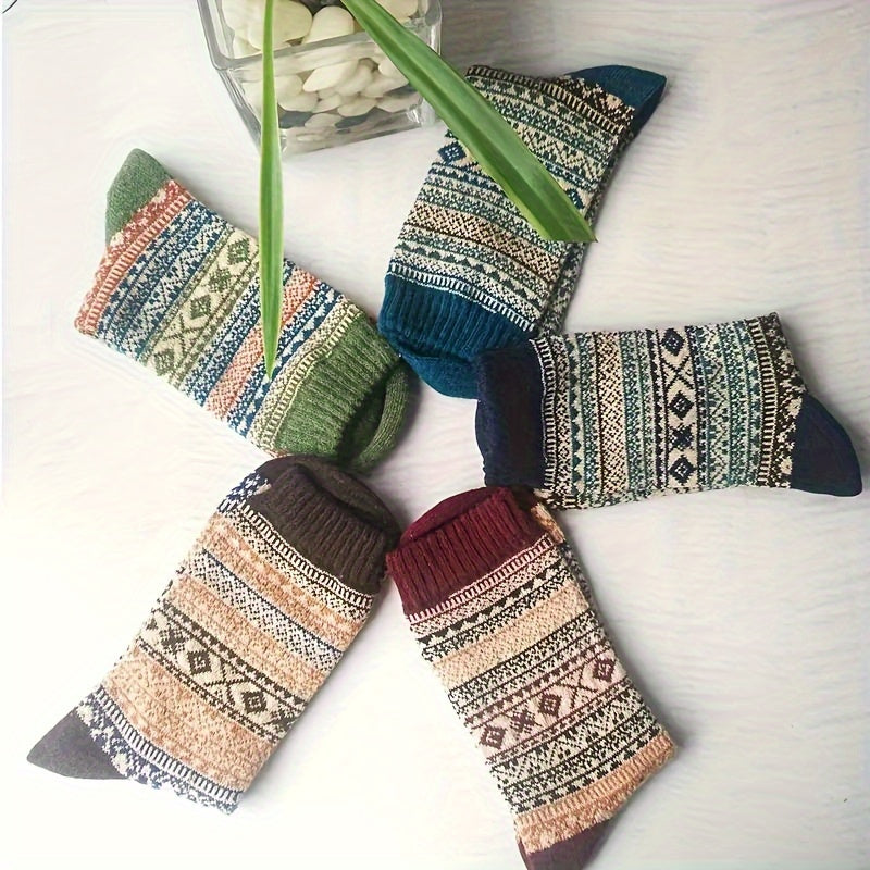5 Pairs Winter Rabbit Wool Socks Men Women Warm Ethnic Style Soft Crew Socks