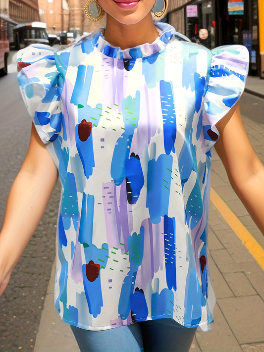 Printed Ruffle Trim Top Stand Collar Cap Sleeve Casual