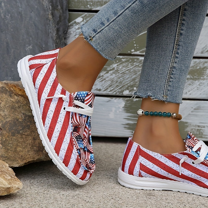 Women's Flag Pattern Canvas Loafers Lace Up Slip On Low Top Flat Shoes