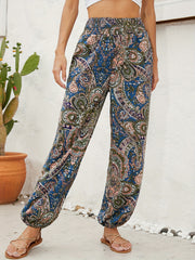 Ethnic Floral Print Pants Casual Shirred Long Length