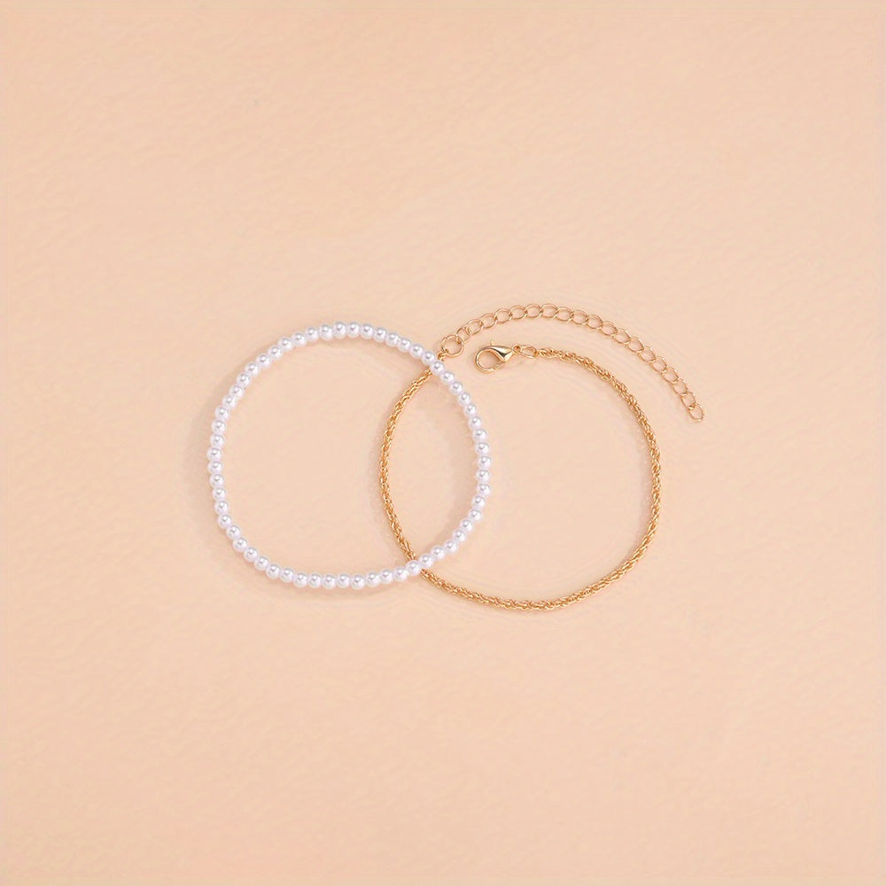 Vintage Sweet Faux Pearl Bead Bracelet Set 2 Pcs for Women
