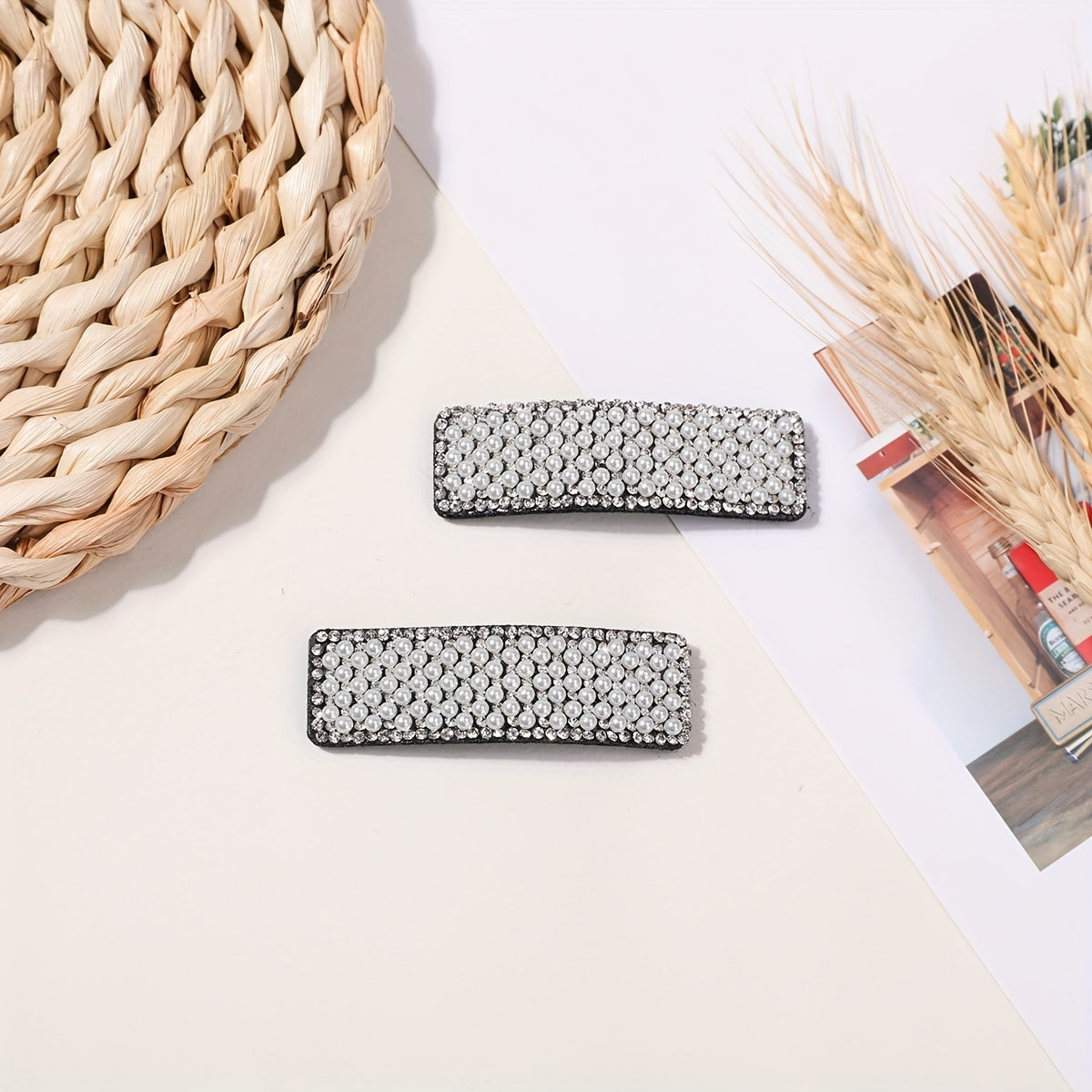 2pcs Faux Pearl Snap Clip Rectangle Hair Clip Women Girls Hair Accessories