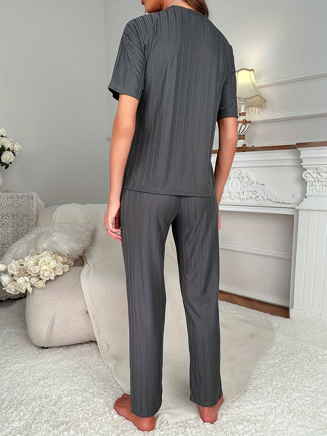 Letter Print Pajama Set Casual Short Sleeve Crew Neck Top & Lace Up Pants