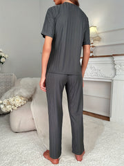 Letter Print Pajama Set Casual Short Sleeve Crew Neck Top & Lace Up Pants
