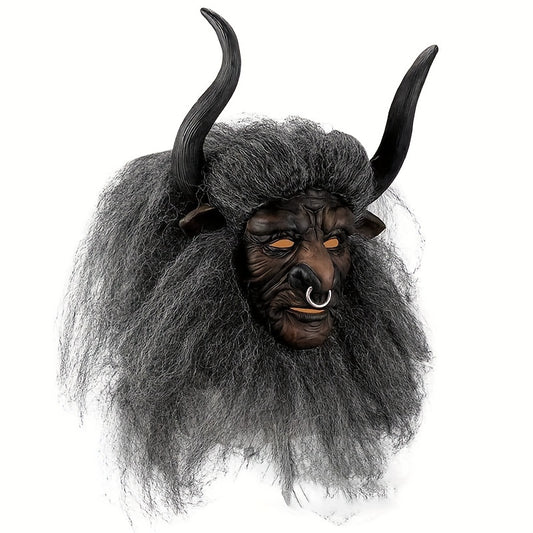 Goat Horned Long Hair Bull Demon Latex Mask Halloween Role Play