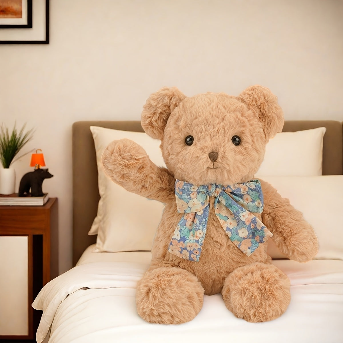 Fluffy Light Brown Teddy Bear Plush Toy with Floral Scarf