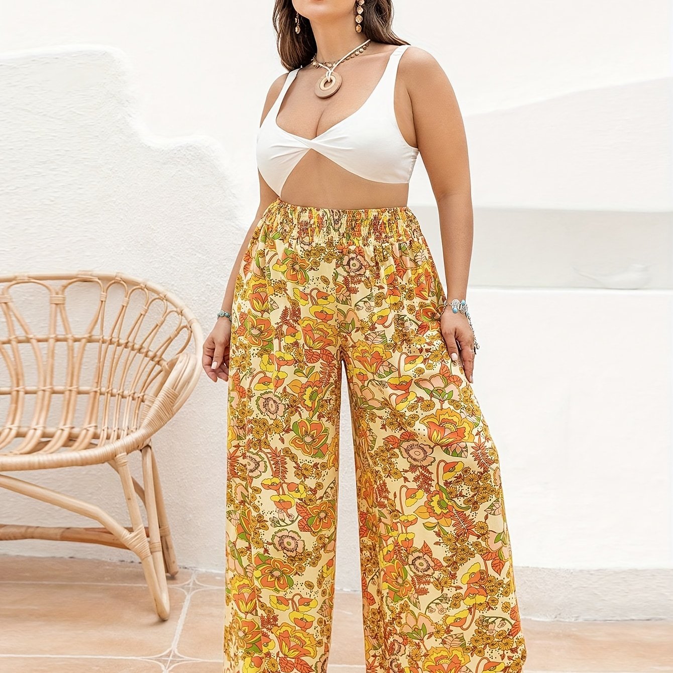 Floral Print High Rise Wide Leg Trousers