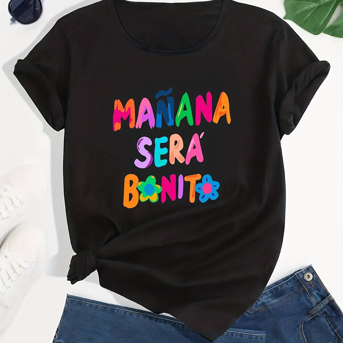 Women's Casual Sporty Graphic Tee Colorful Letters Loose Fit