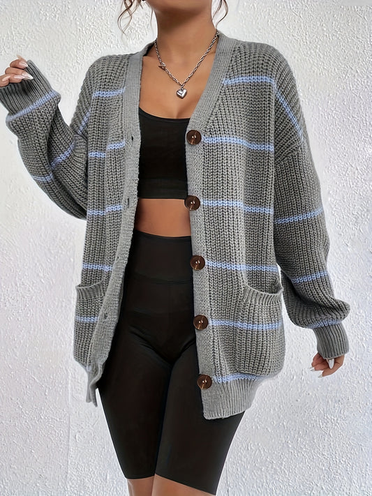  Stripe Print Button Up Long Sleeve Open Front Cardigan