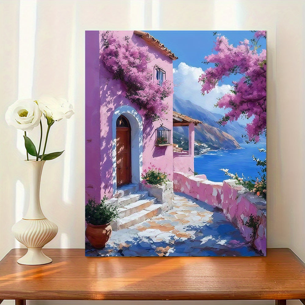 Coastal Loft 40 64x50 Frameless Acrylic Painting Kit Pink House Sea View