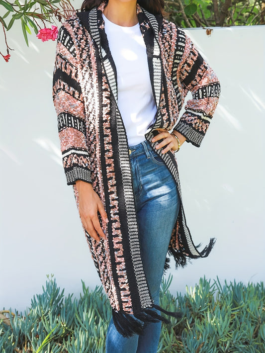  Boho Hooded Cardigan Women's Colorblock Fringe Trim Open Front