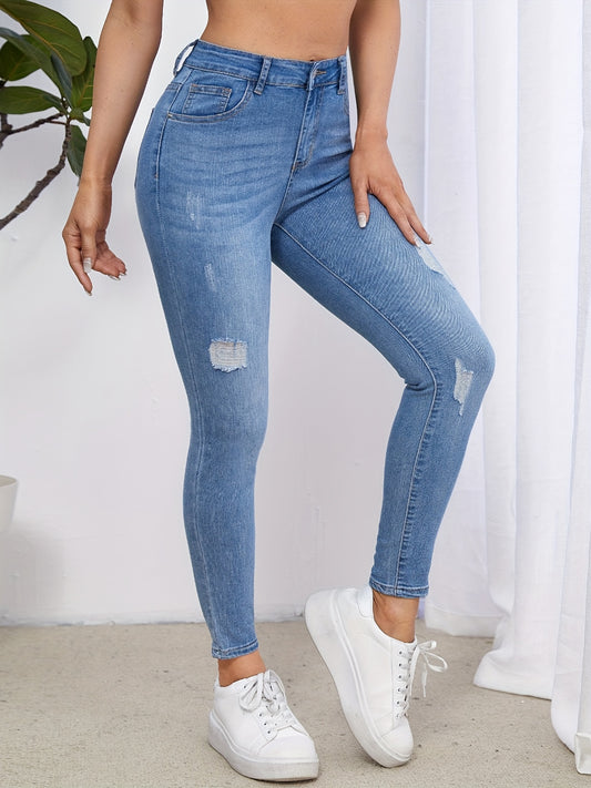 Ripped Holes Skinny Jeans Slash Pockets Stretch Denim Pants Women