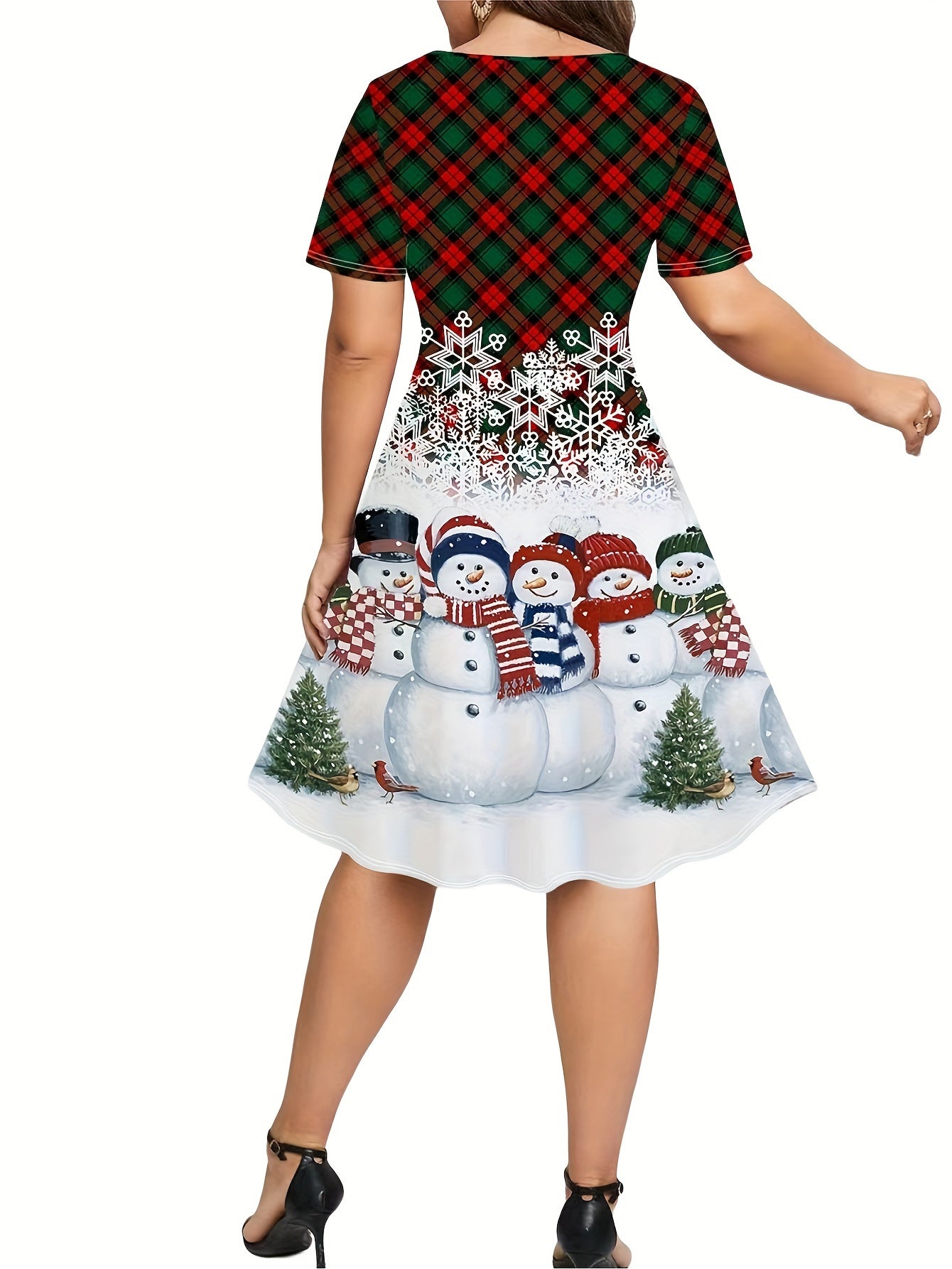  Christmas Casual Dress Women's Snowman & Plaid Print Short Sleeve