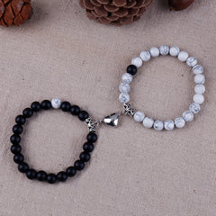 Crackle Beaded Bracelet Set Magnetic Heart Pendant Matte Beaded Couples Bracelet
