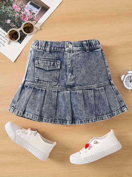 Girls Denim Mini Skirt with Elastic Waist & Pockets - Summer A-line Pleated