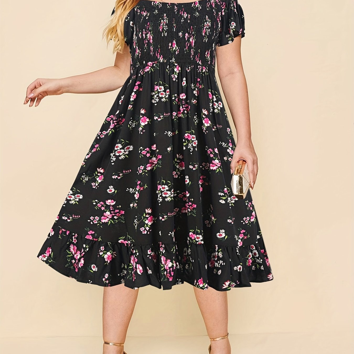 Floral Print Off Shoulder Ruffle Trim Midi Dress Plus Size