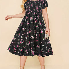 Floral Print Off Shoulder Ruffle Trim Midi Dress Plus Size