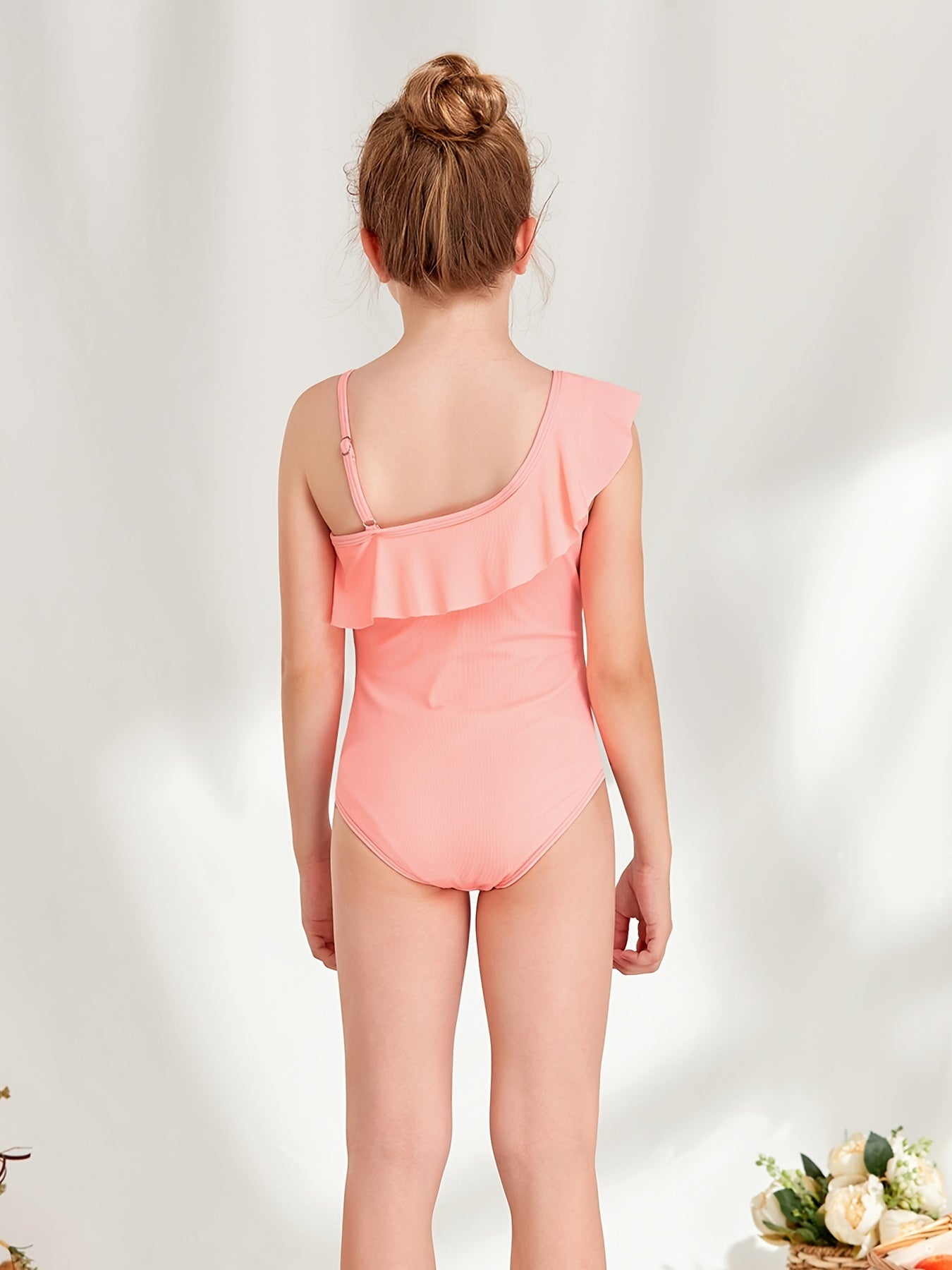 Toddler Girls One Piece Swimsuit Ruffle Trim Asymmetrical Neck