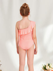 Toddler Girls One Piece Swimsuit Ruffle Trim Asymmetrical Neck