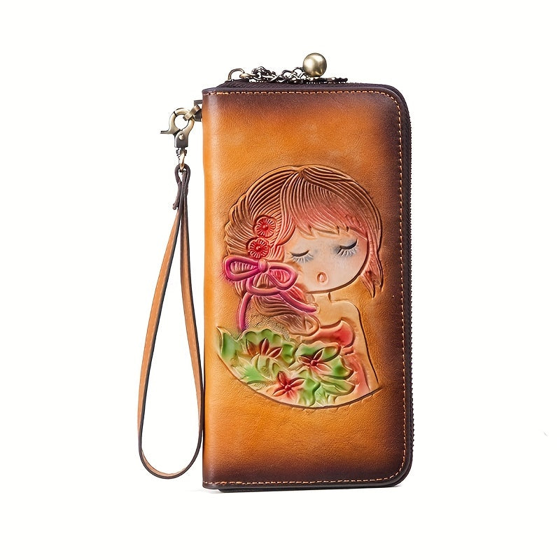 Handcrafted Leather Women's Wallet Floral & Illustration Zipper