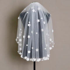 Sheer Bridal Veil Headpiece with Floral Embellishments