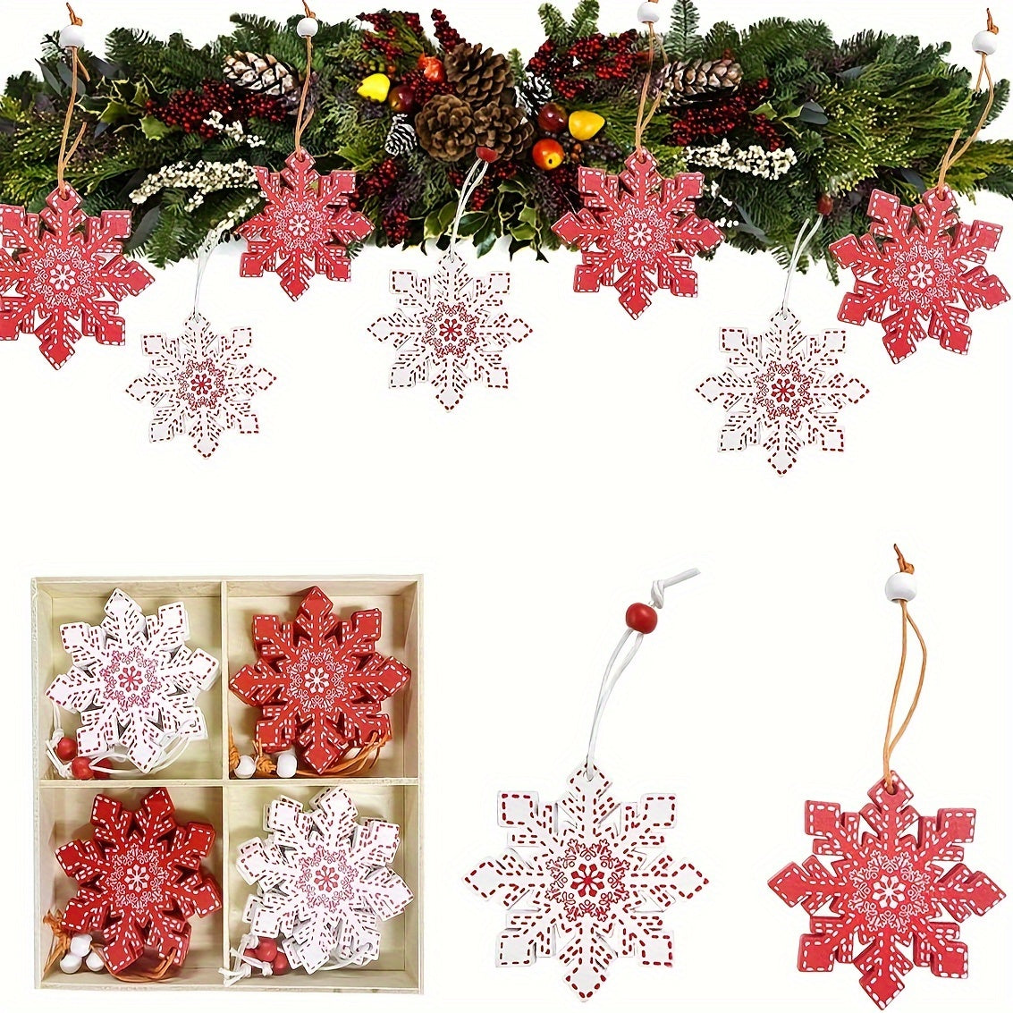 12pcs Wooden Christmas Snowflake Ornaments for Tree & Home Decor