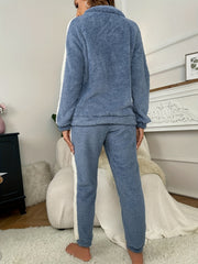 Colorblock Plush Lounge Set Zipper Top & Elastic Pants Women's Loungewear
