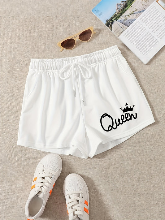 Queen Letter Print Hotpants Drawstring Waist Shorts