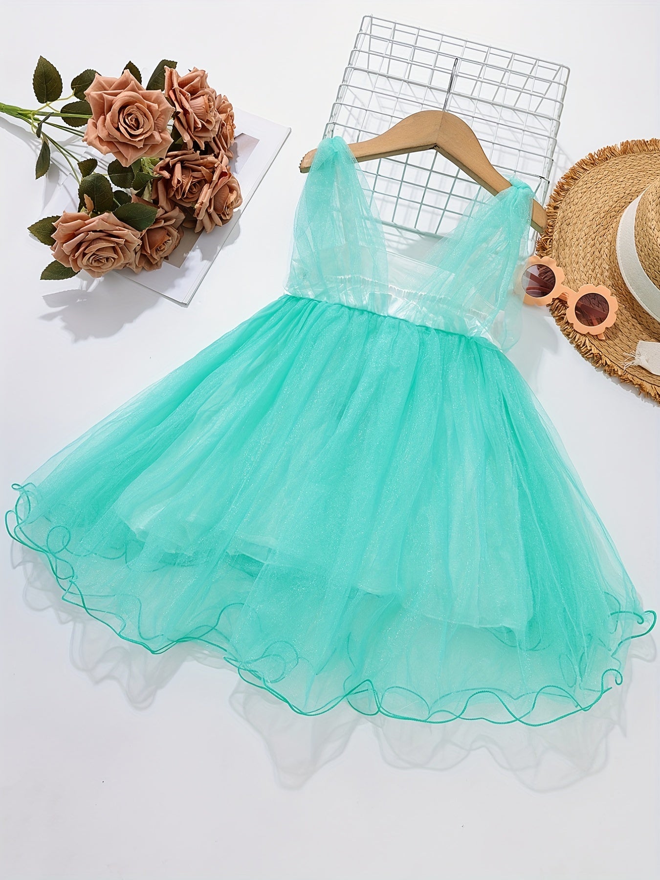 Girls Mesh Cover Up Overall Dress With Pearl Chain Decor