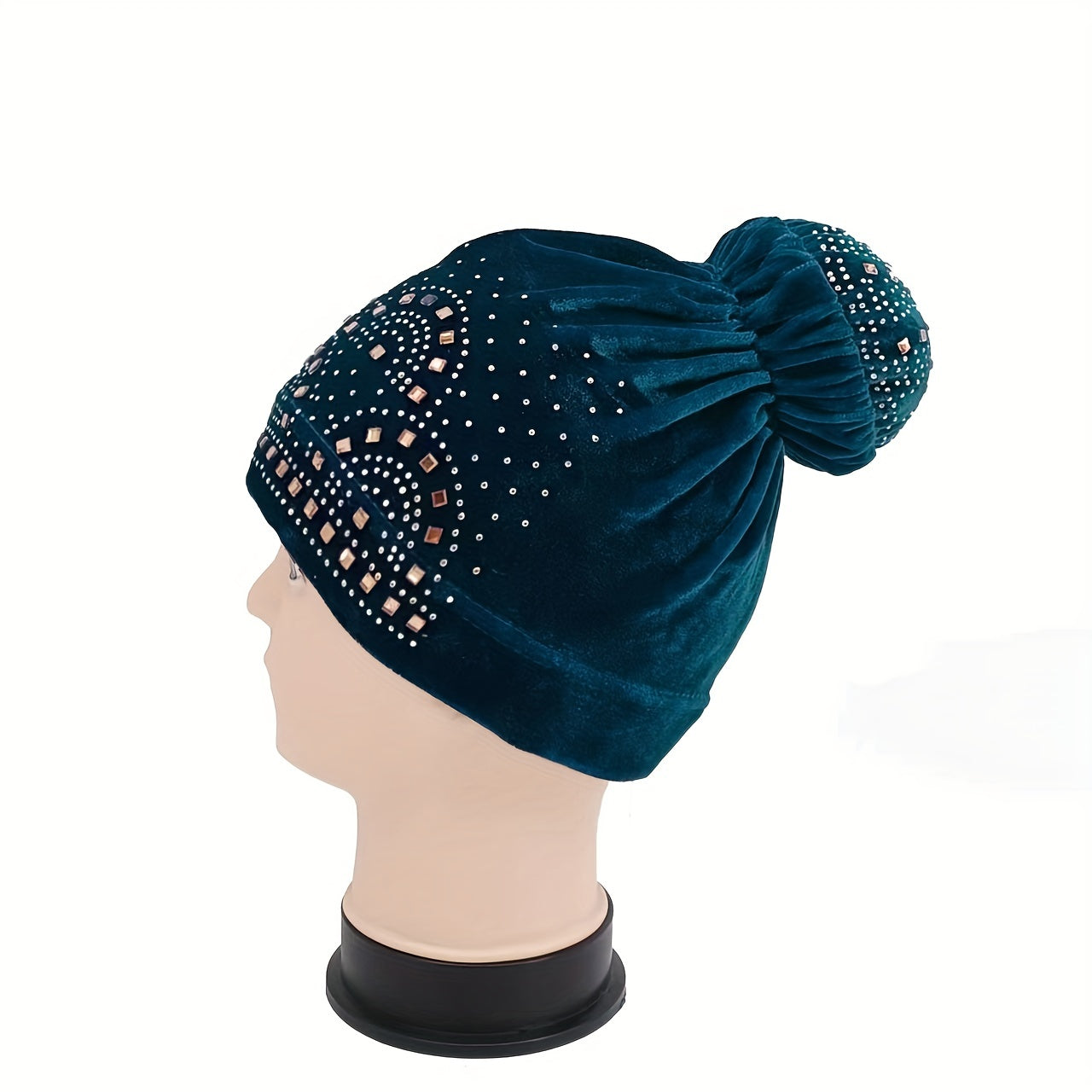 Pom Pom Rhinestone Turban Velvet Head Wrap Chemo Cap