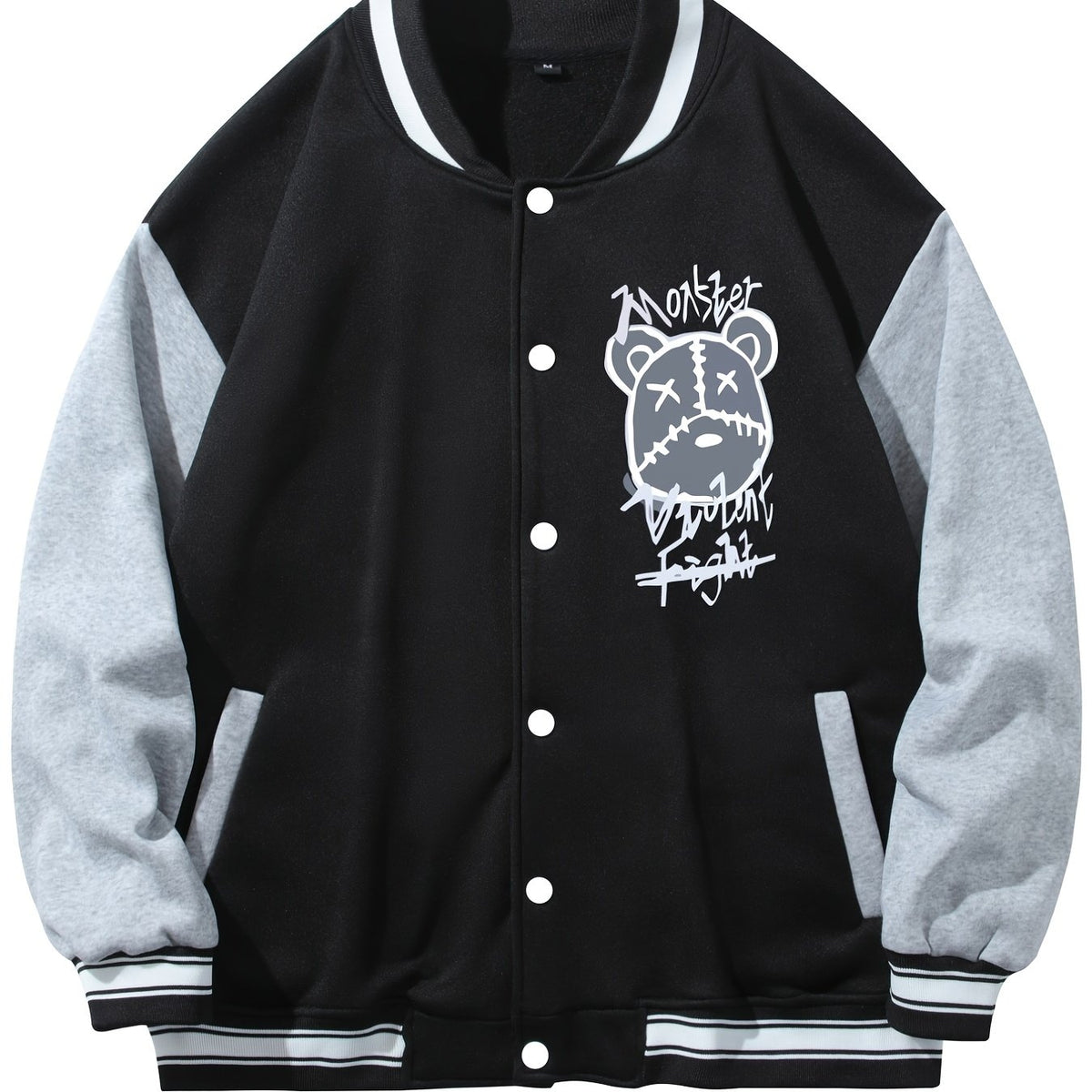 Men's Casual Warm Baseball Jacket With Monster Graphic