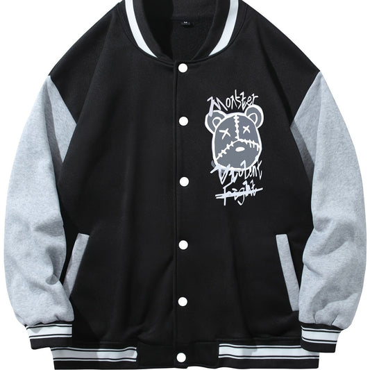 Men's Casual Warm Baseball Jacket With Monster Graphic