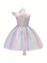 Girl's Princess Dress Sequin One Shoulder Mesh Dress