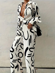  Graffiti Print Long Sleeve Blouse & Wide Leg Pants Set