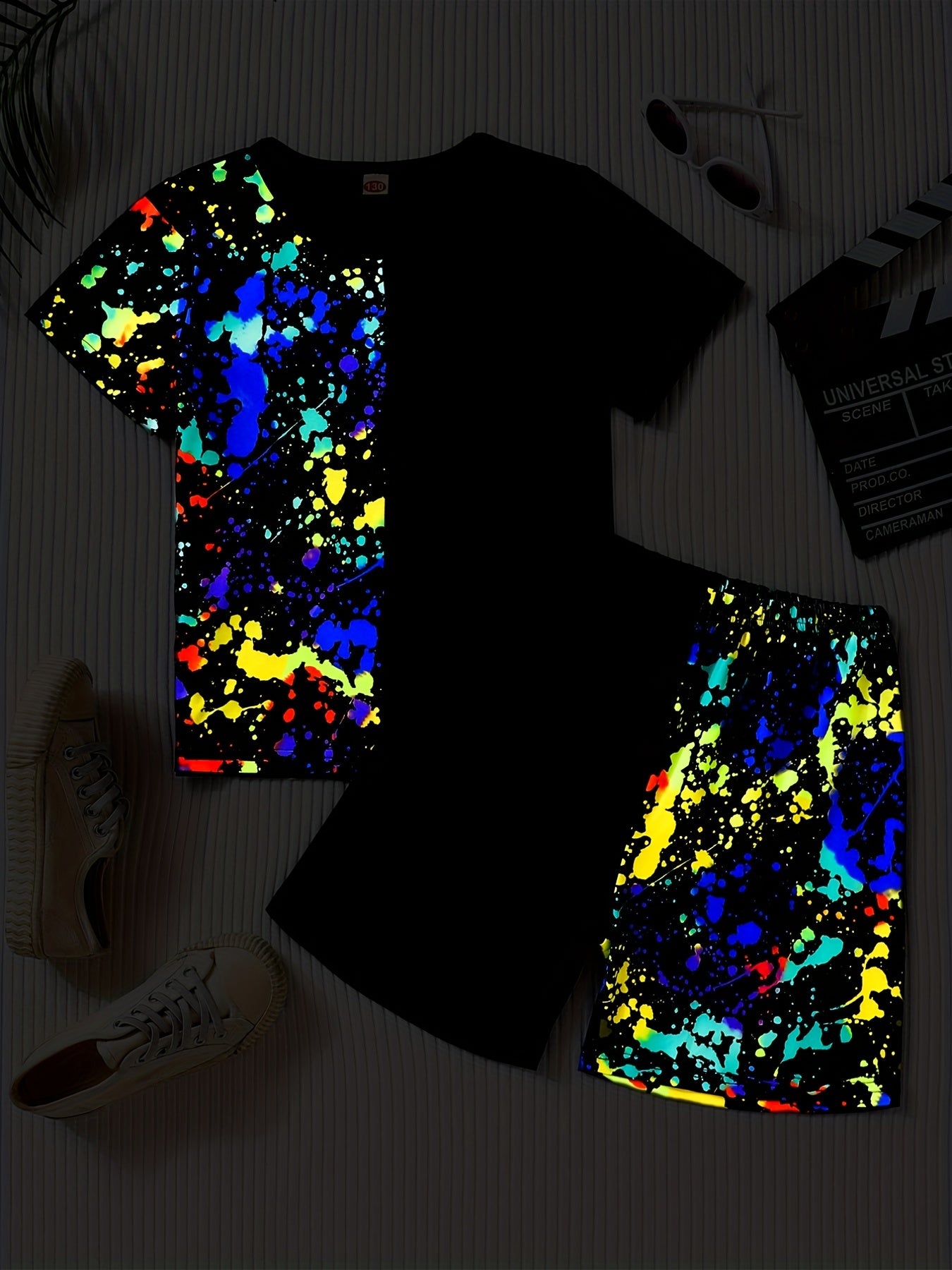 Boys Luminous Graffiti Print T-shirt & Shorts Set