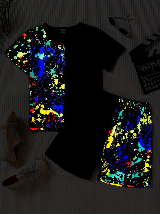 Boys Luminous Graffiti Print T-shirt & Shorts Set