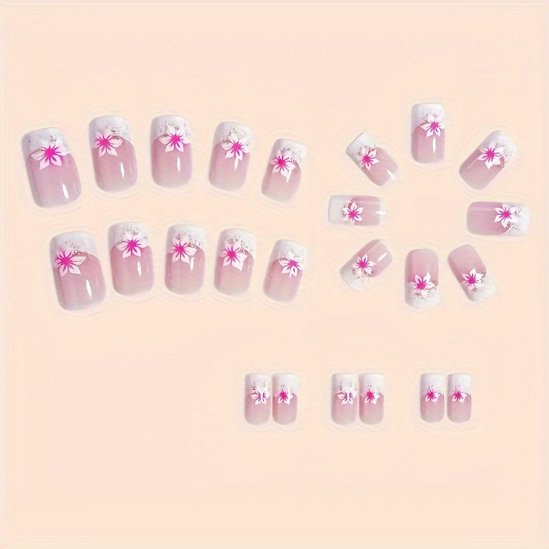 24pcs Pink Floral Gradient Press On Nails Kit Short Square Glossy Finish