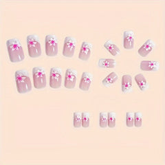 24pcs Pink Floral Gradient Press On Nails Kit Short Square Glossy Finish