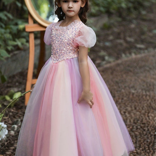 Sequins Princess Dress Puff Sleeves Fit Flare Girls Birthday Show