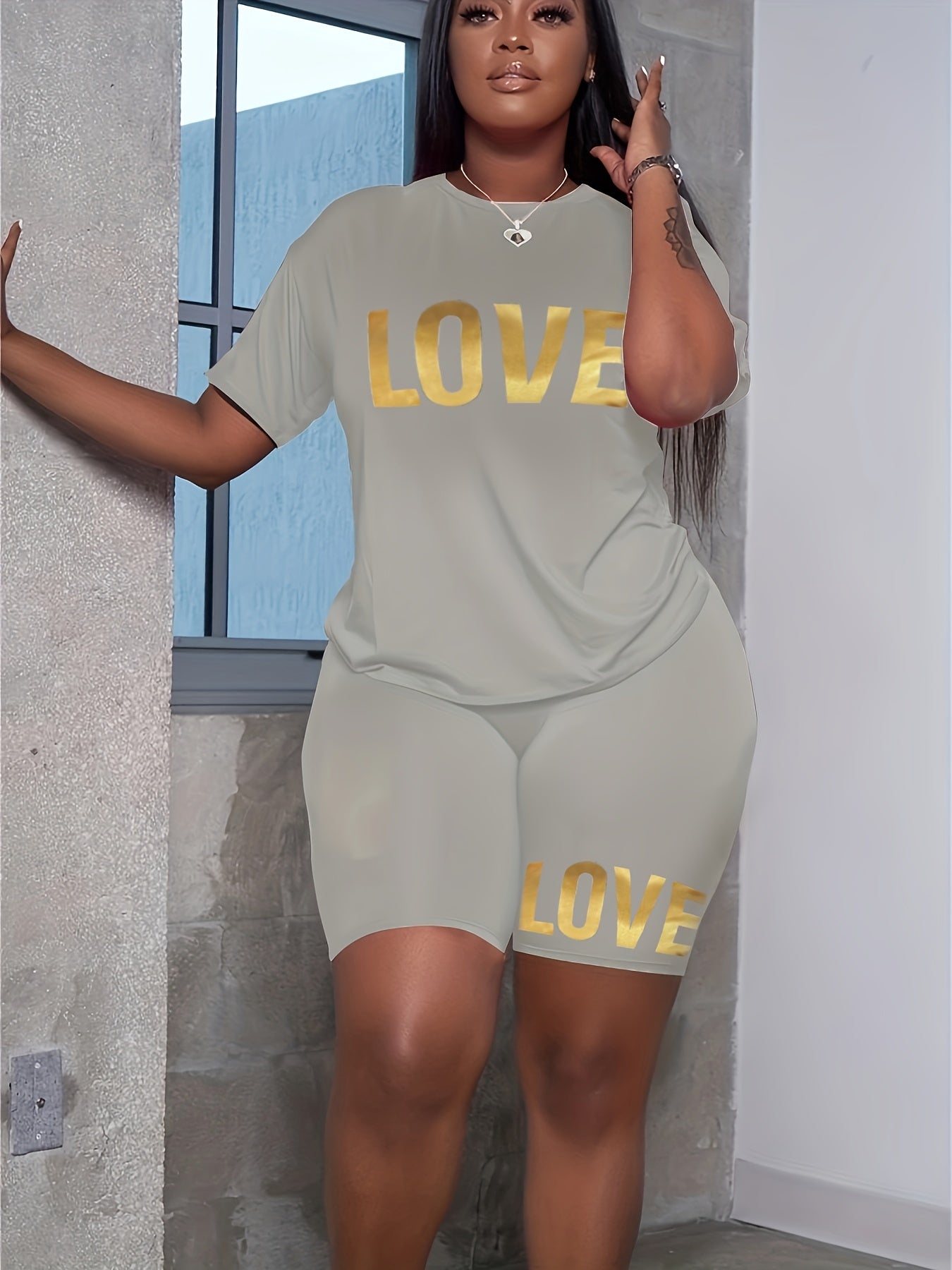  Letter Print Short Tee & Shorts 2 Piece Fitness Set