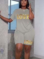  Letter Print Short Tee & Shorts 2 Piece Fitness Set