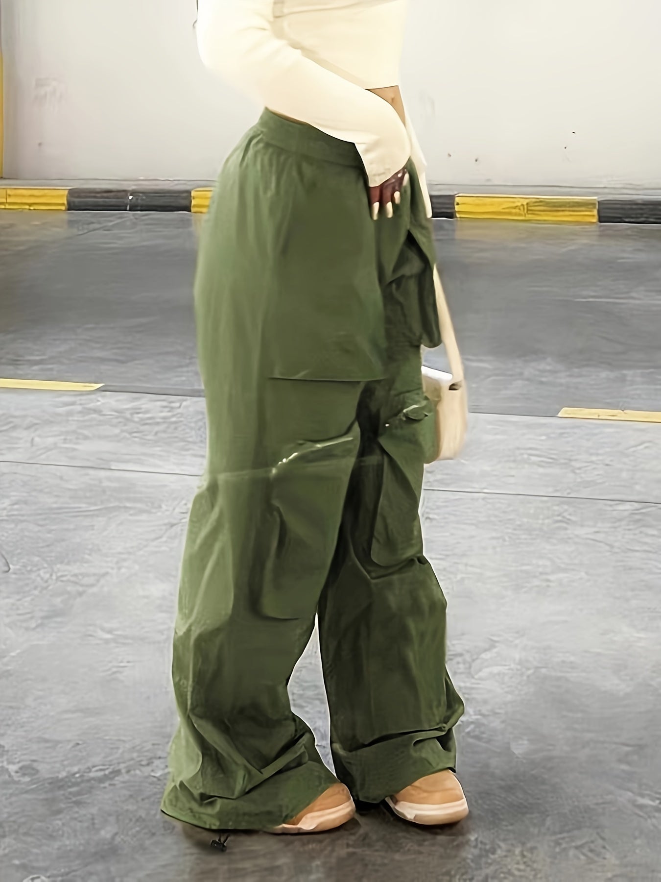  Solid High Rise Wide Leg Cargo Pants with Pockets