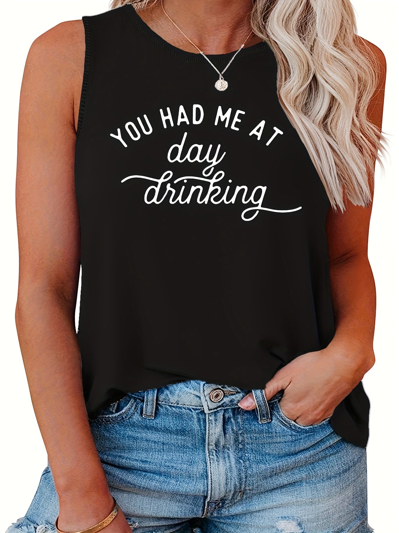  Women's Slogan Tank Top Round Neck Stretch
