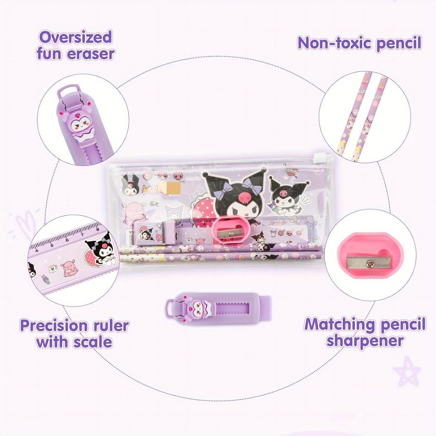Kuromi Stationery Set: Fountain Pen, Pencil Case, Erasers, Sticky Note
