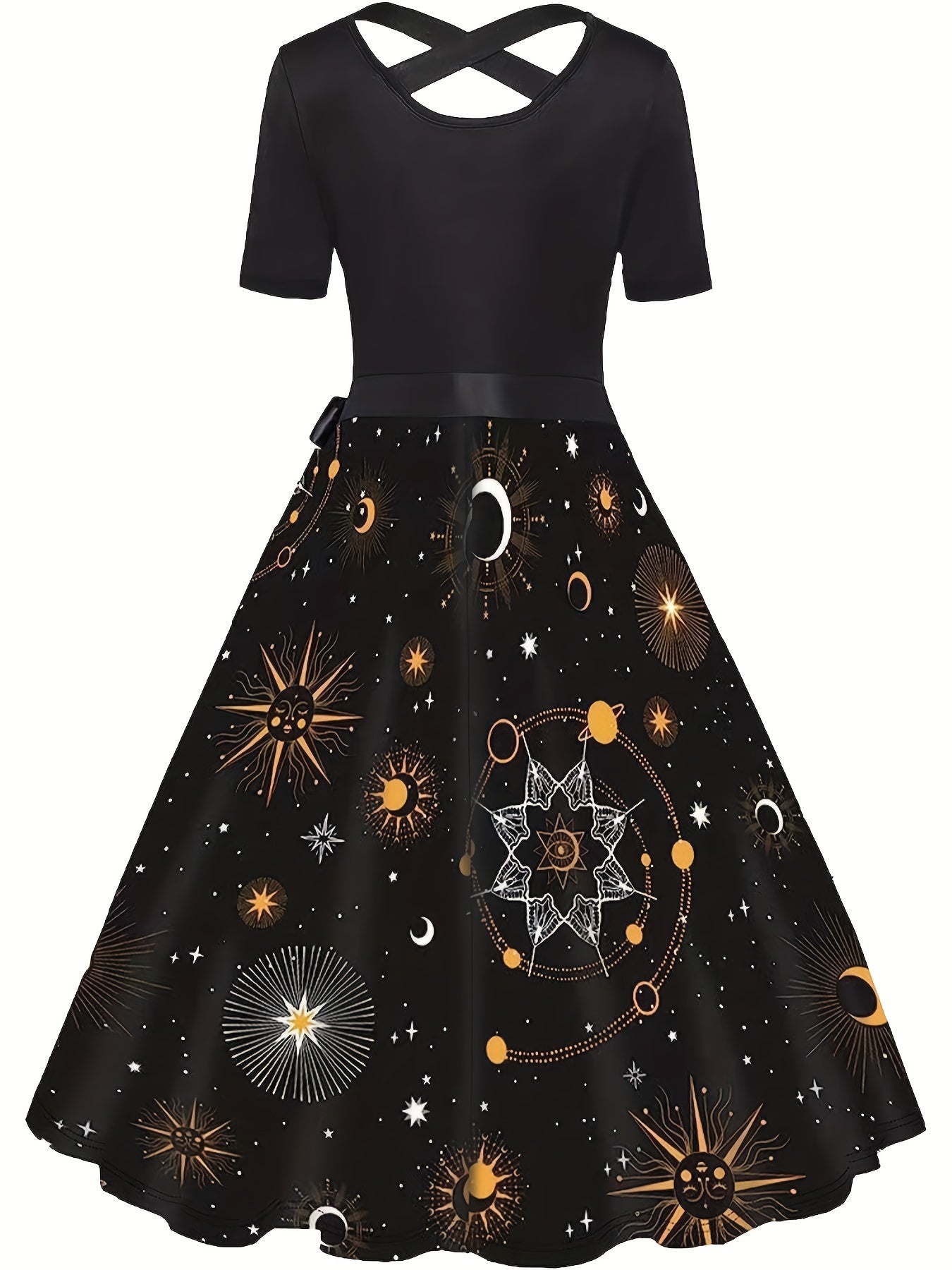 Colorblock Moon & Sun Print Short Sleeve Dress