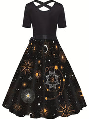 Colorblock Moon & Sun Print Short Sleeve Dress