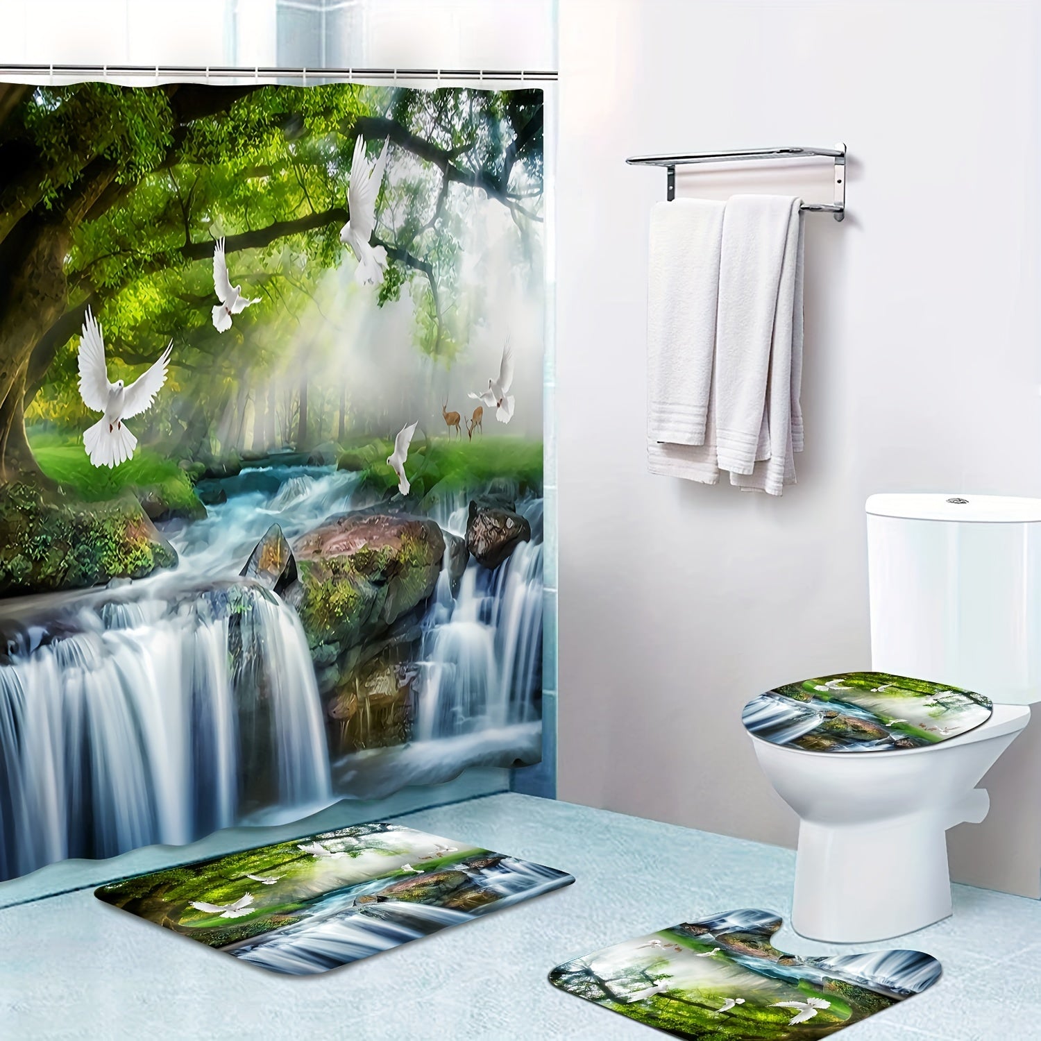 3pcs Pigeons Waterfall Landscape Shower Curtain Set