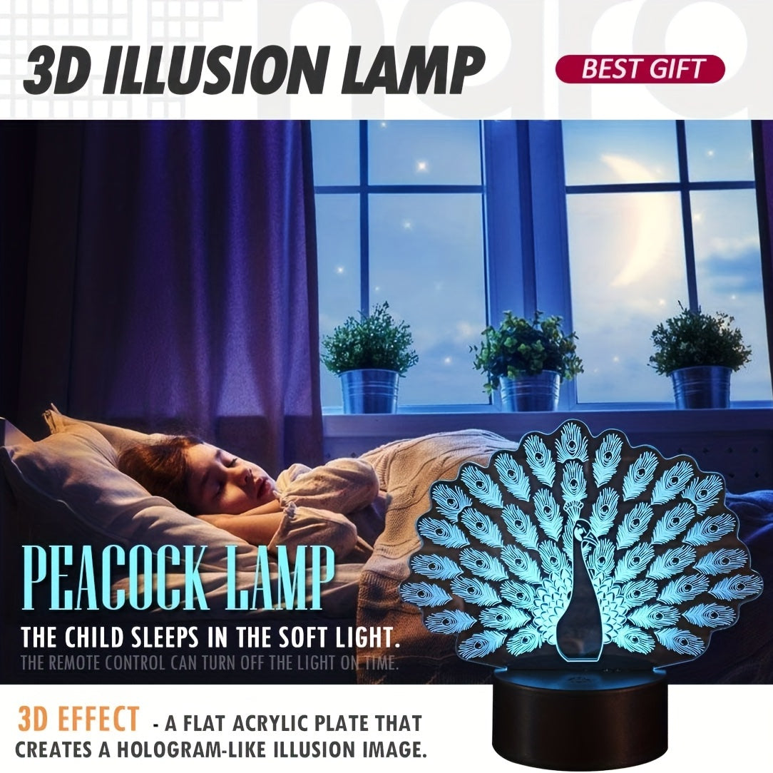 Peacock 3D Night Light Lamp 16 Colors Remote Control Kids