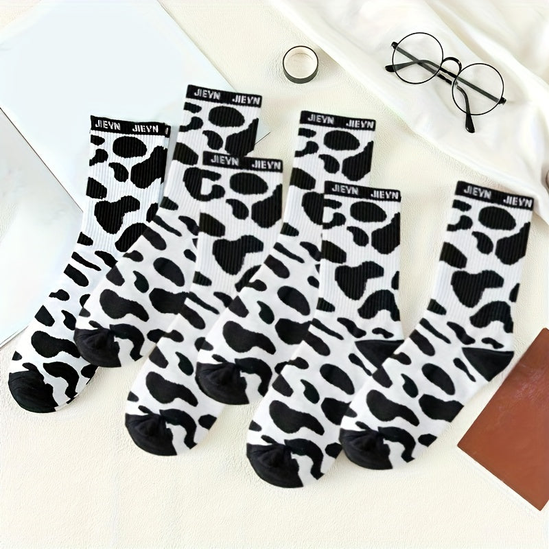 6 Pairs Cow Spot Print Socks Breathable Letter Print Stockings